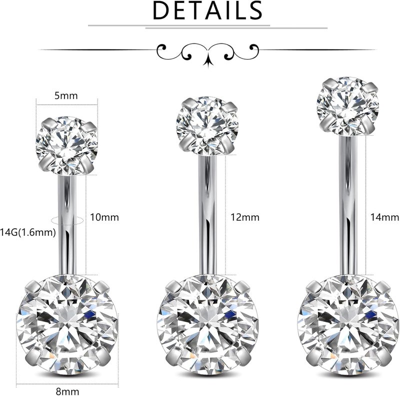 FECTAS 14g Belly Button Rings Surgical Steel CZ Petite Navel Ring for Women Body Piercing Jewelry Petite select Barbell Len 6mm 8mm 10mm 12mm 14mm Silver - Image 2